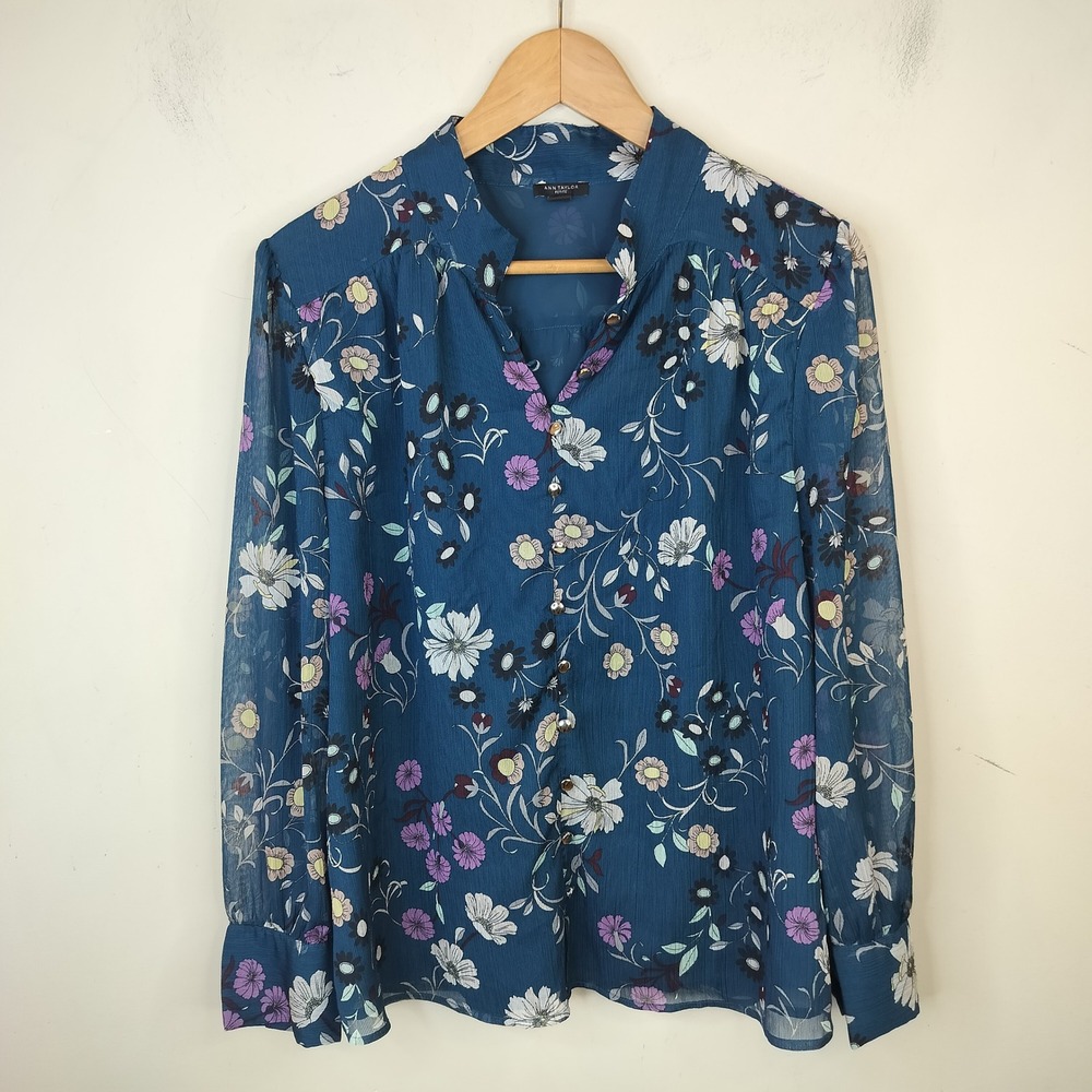 Ann Taylor Floral Chiffon Blouse XL Petite Sheer Sleeve Button Front Blue